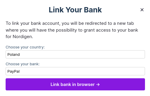 Link your bank dialog