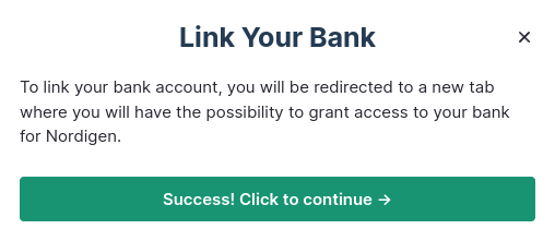 Feedback for successful linking to your bank