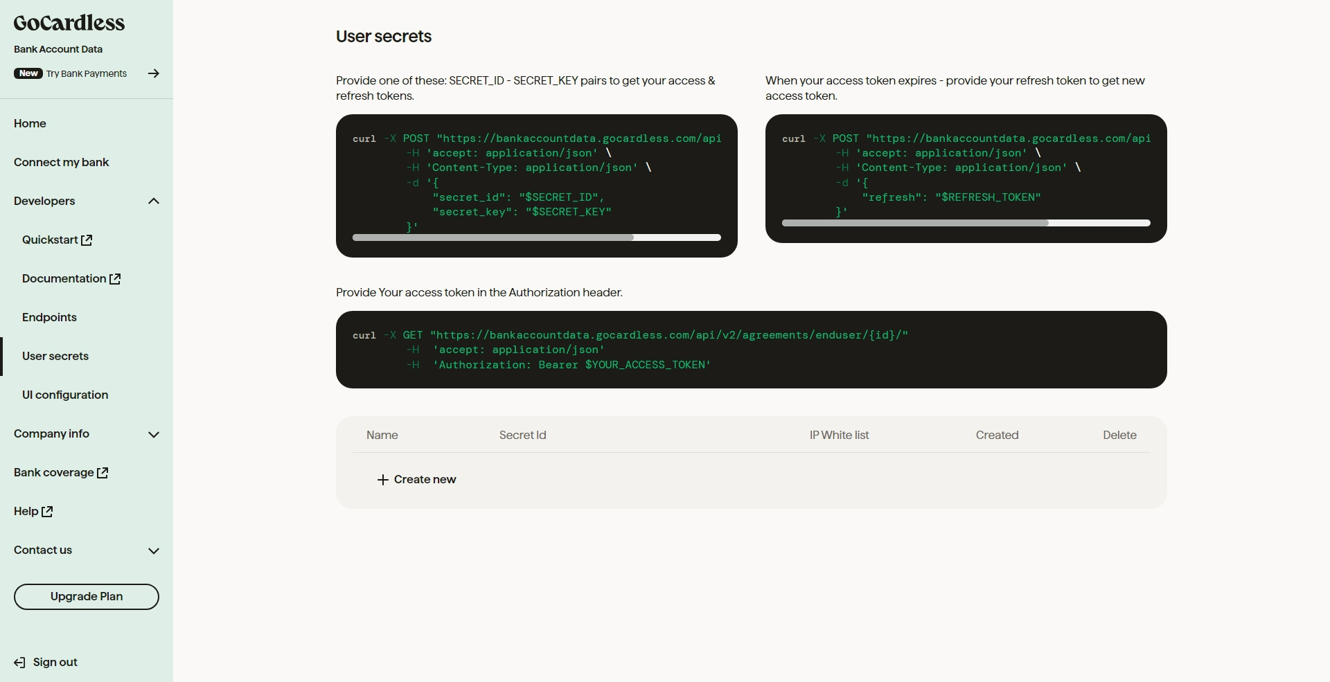 Screenshot of GoCardless page for creating API secrets