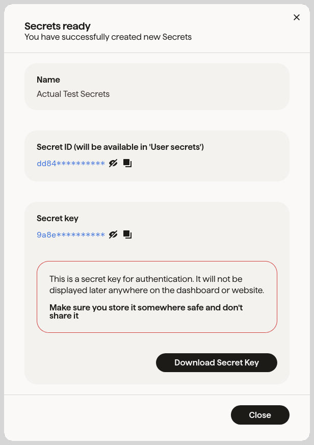 Screenshot of GoCardless API secret after successful creation