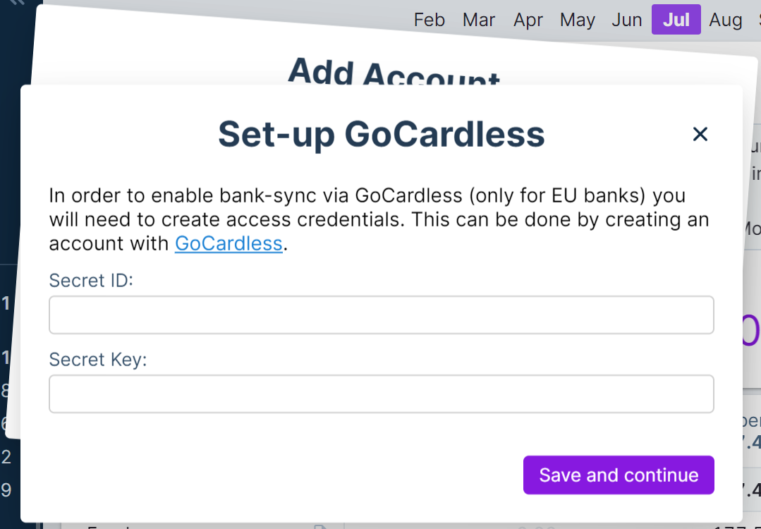 Set-up GoCardless dialoag