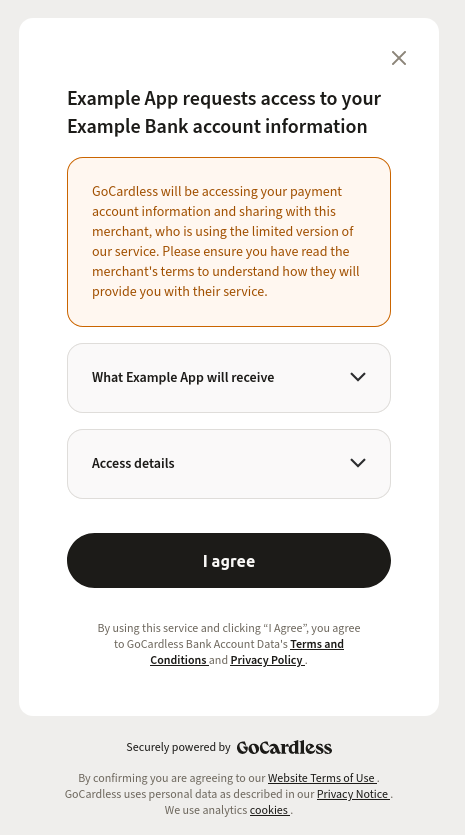 Dialog to approve that GoCardless will be accessing your payment account information