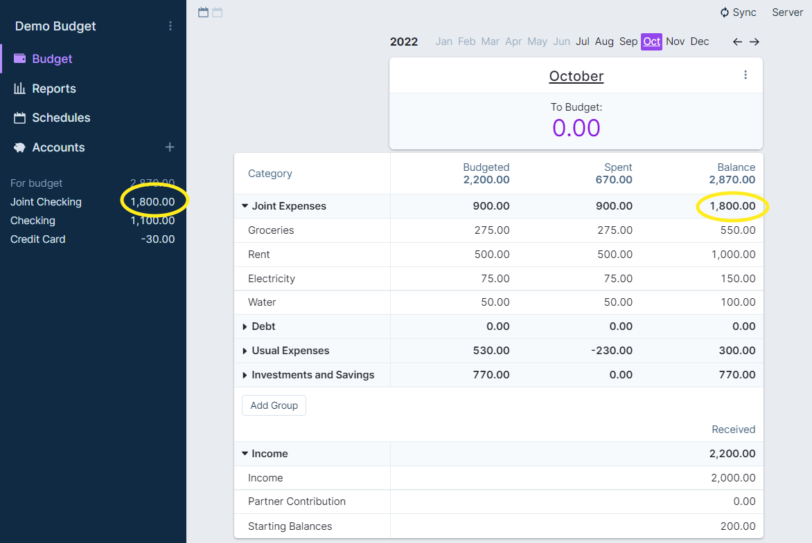 Screenshot of budgeting with personal Actual Account file - option 2