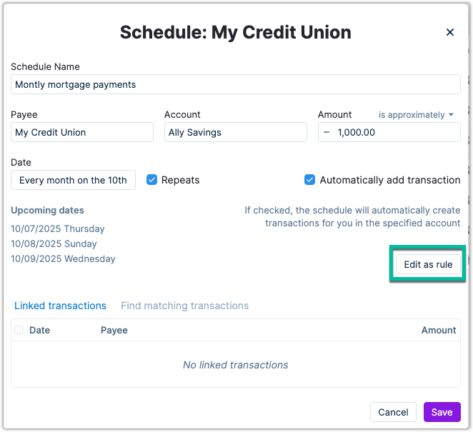 Example of editing a scheudle