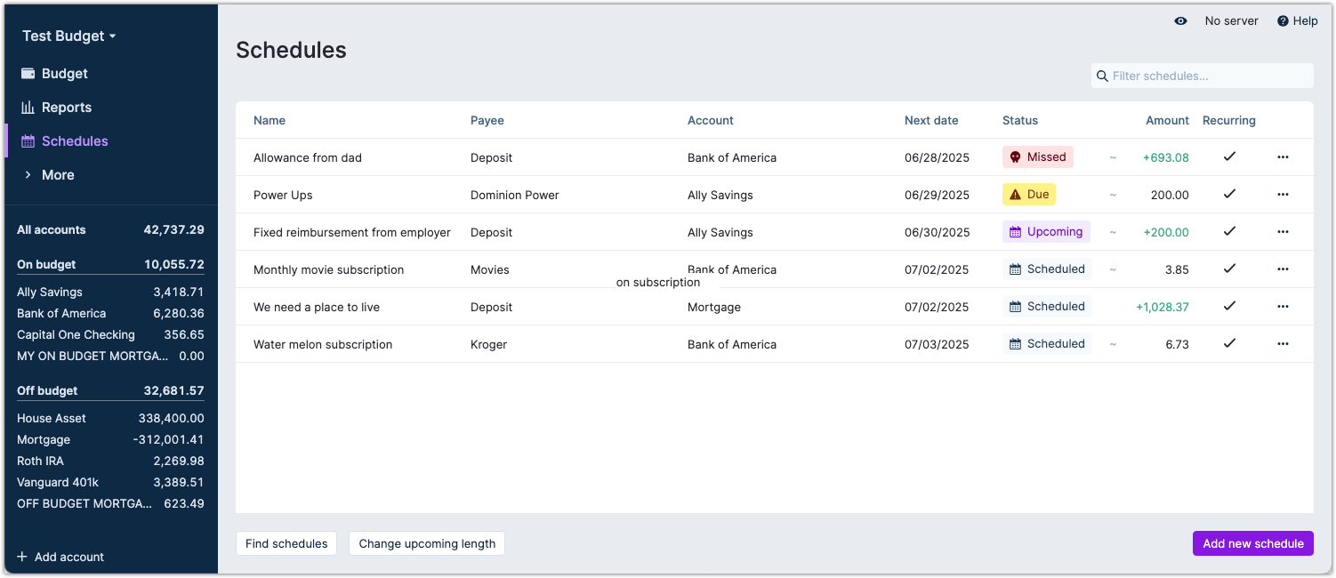 Schedules overview screen