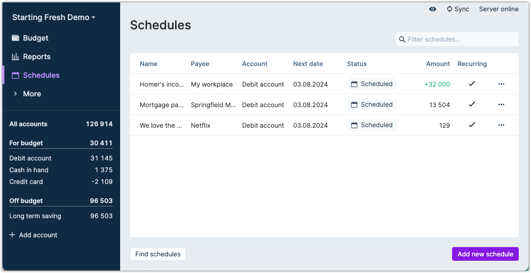 Overvieds of the scheduldes screen